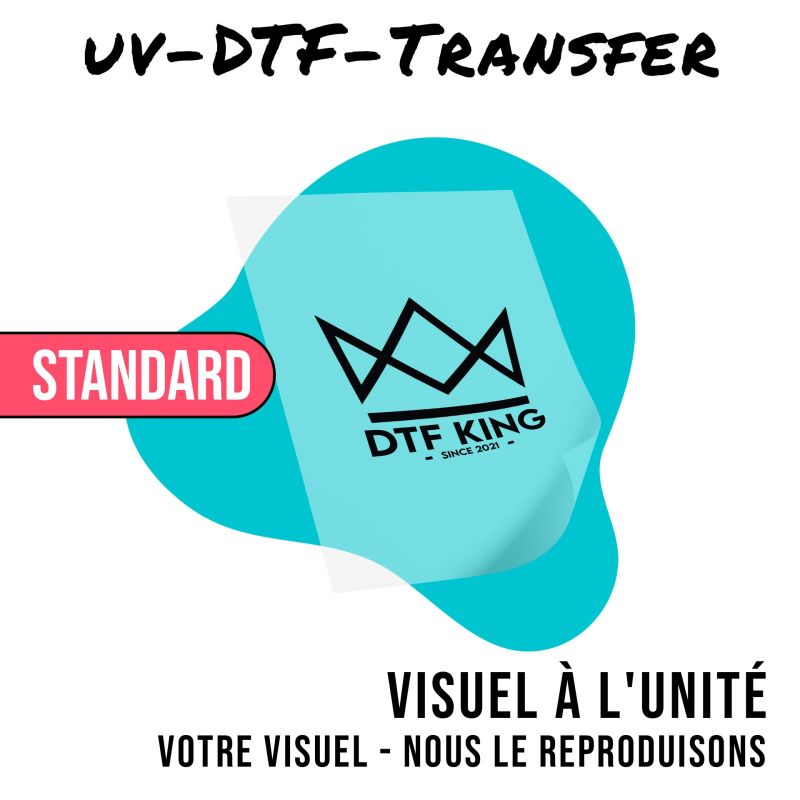 Visuel à l'unité DTF UV à appliquer à froid, avec le logo couronne de DTF-King